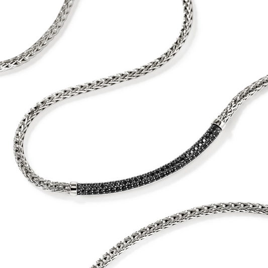 Bar Color Gemstone Necklace in Sterling Silver White Round Black Sapphire
