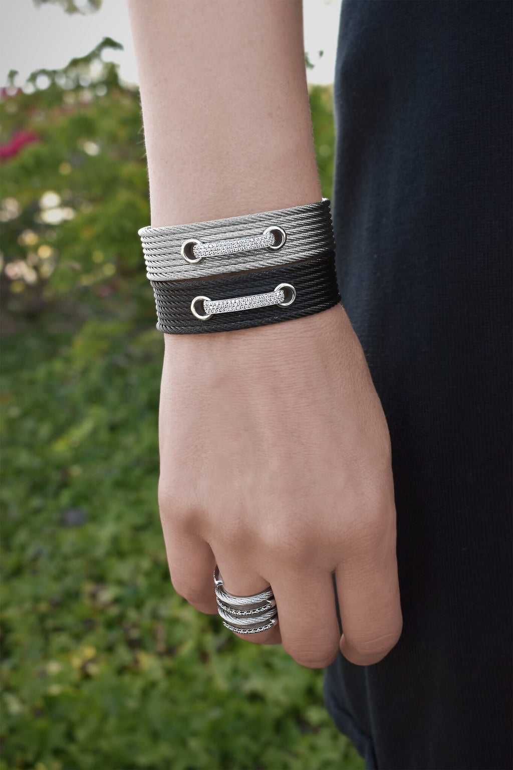 Stainless steel cuff bracelet with diamonds.