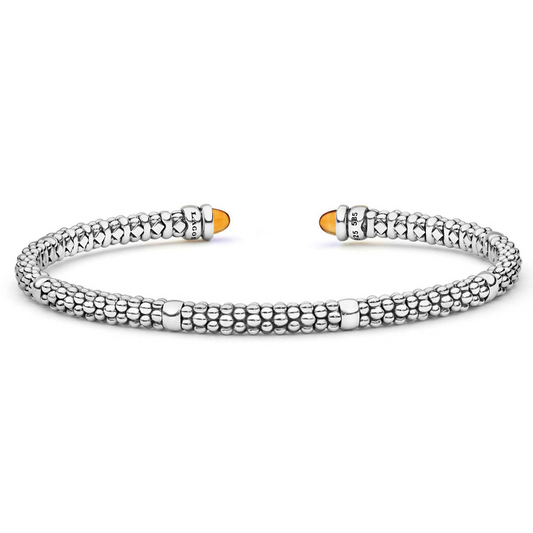 Lagos Signature Caviar Collection Cuff Color Gemstone Bracelet in Sterling Silver - 14 Karat White - Yellow with 2 Cabochon Citrines