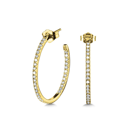 Medium hoop earrings, yellow gold, round diamonds.