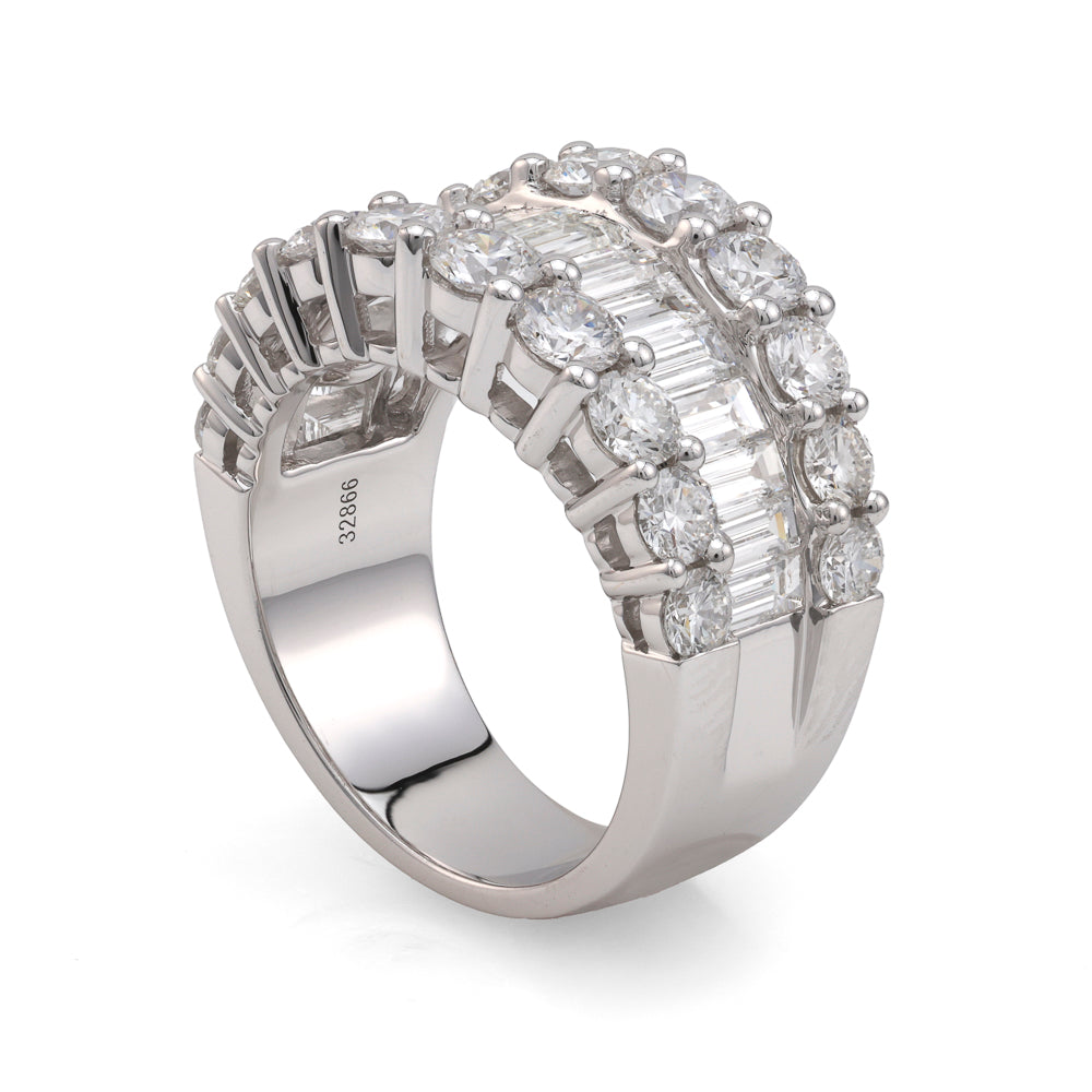 14K white gold band with round diamonds.