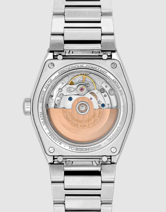 Stainless steel watch with visible automatic movement.
