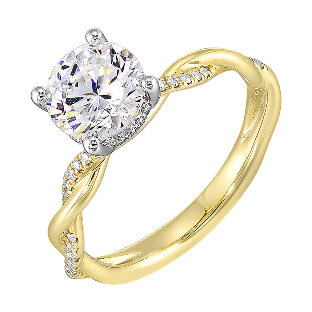 Yellow gold ring with round diamond accents.