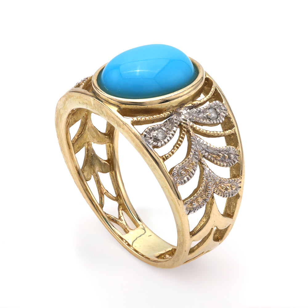 Yellow enamel ring with oval blue turquoise.