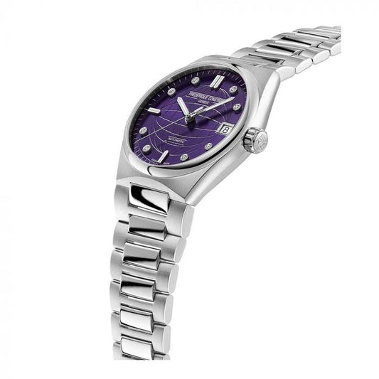 Purple dial stainless steel watch with diamonds.