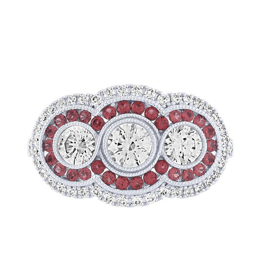 14K white gold ring, rubies, diamonds.