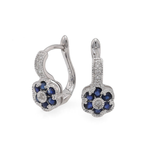 M Estate Collection Huggie Color Gemstone Earrings in 14 Karat White with 12 Round Blue Sapphires 0.25ctw