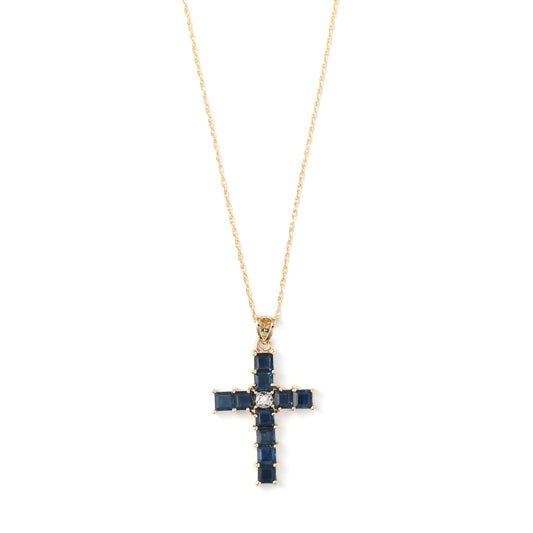 ReMarkable Estate Cross Color Gemstone Necklace in 14 Karat Yellow Gold with 10 Princess Sapphires 0.95ctw