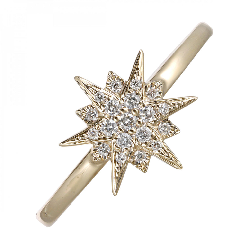 Starburst diamond ring in yellow gold.