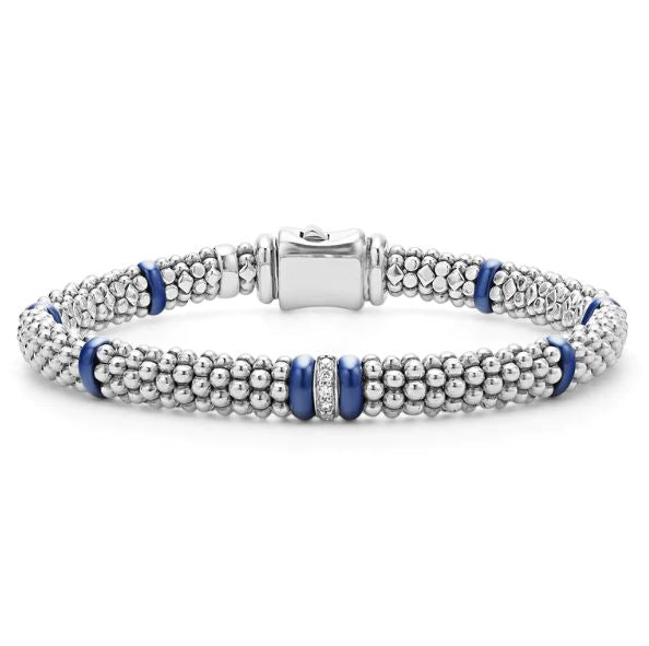 Sterling silver bracelet with blue ceramic accents.