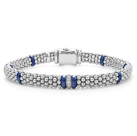 Sterling silver bracelet with blue ceramic accents.