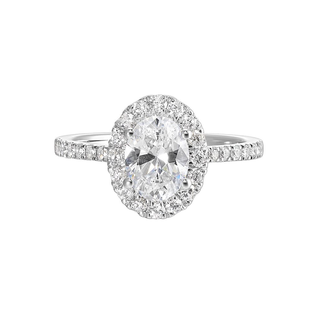 Halo diamond ring in white gold setting.