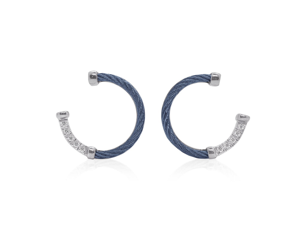 Natural Diamond Earrings in Stainless Steel Cable - 18 Karat White - Blue with 0.08ctw Round Diamonds