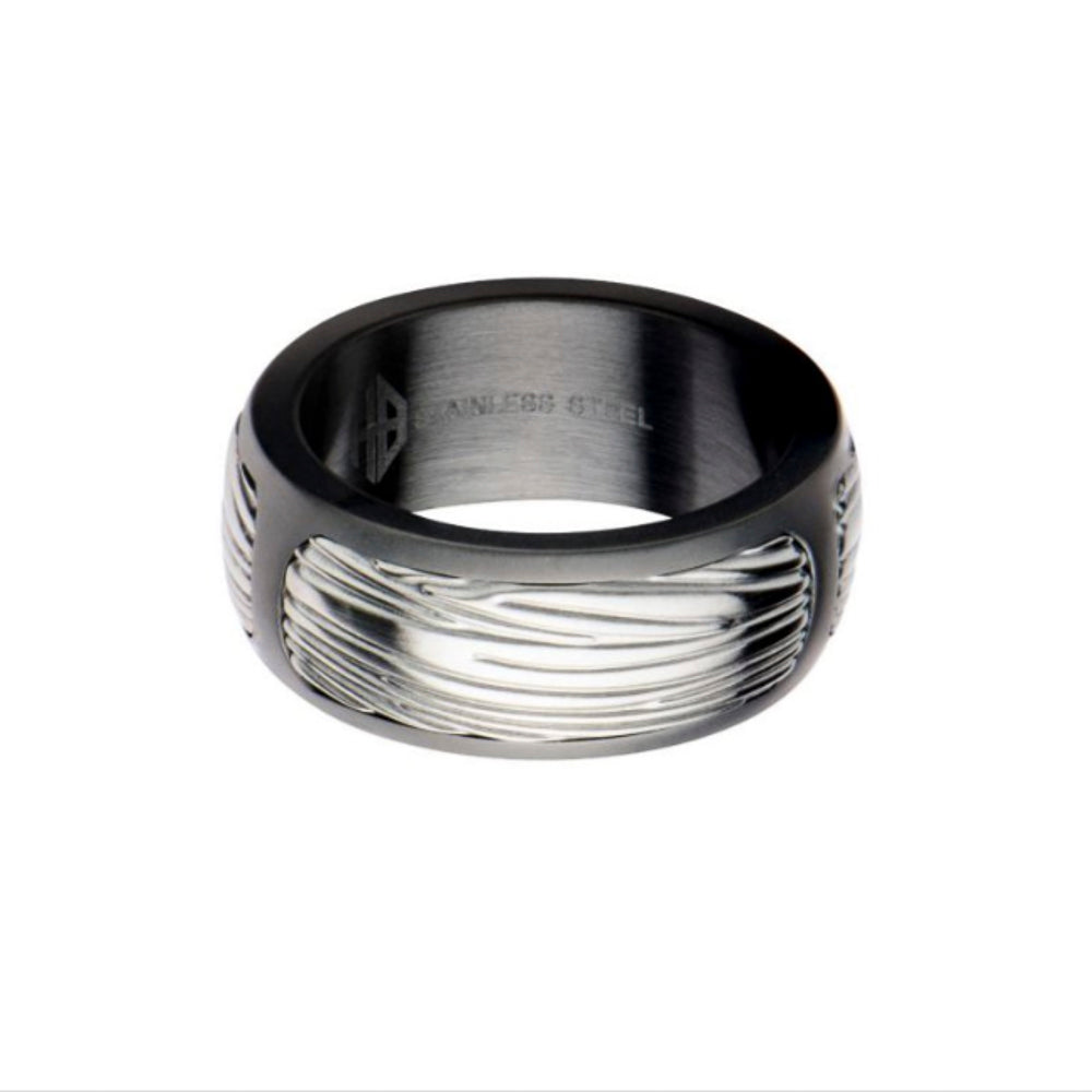 Stainless steel black-grey textured fashion ring.