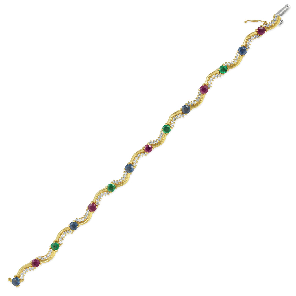 14K Yellow Gold Ruby Emerald Sapphire Diamond Curved Line Bracelet