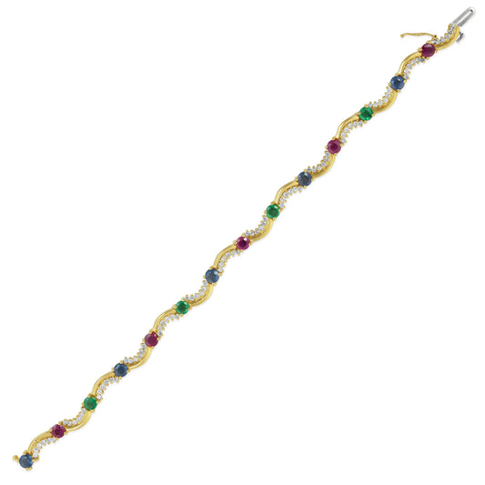 14K Yellow Gold Ruby Emerald Sapphire Diamond Curved Line Bracelet