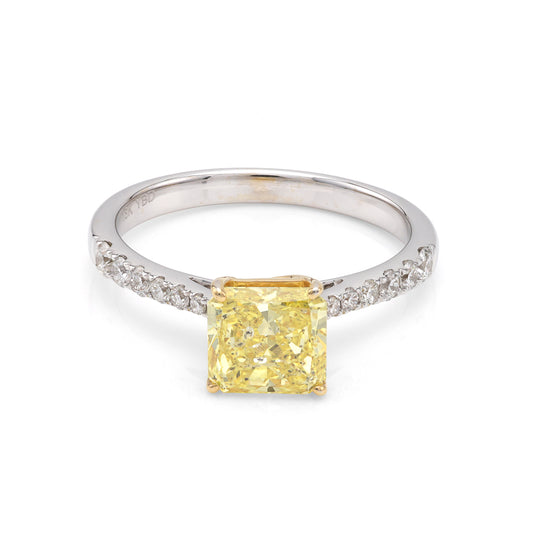 Yerushalmi Brothers Side Stone Natural Diamond Complete Engagement Ring in 18 Karat White Yellow Gold with 1 Radiant Diamond, Color: Yellow, totaling 1.52ctw