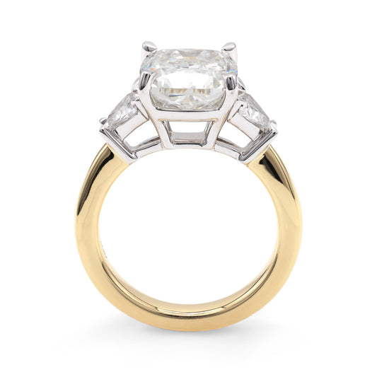 ReMARKable Designs Three Stone Complete Engagement Ring in 18 Karat White Yellow Gold with 4.22ctw of Round Lab-Grown Diamonds, Clarity: VS1, Color: G