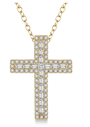 Cross necklace with round and baguette diamonds.