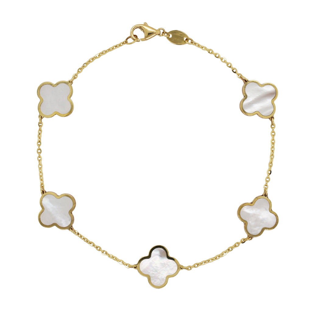14K yellow gold bracelet with clover pearls.