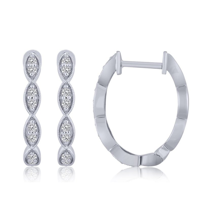 Small white gold diamond hoop earrings.
