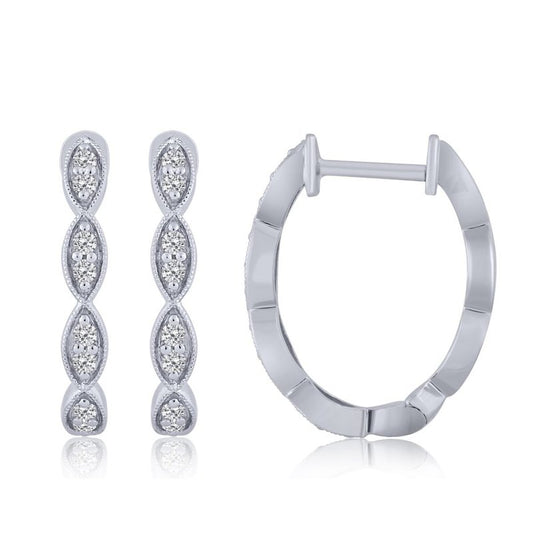 Small white gold diamond hoop earrings.