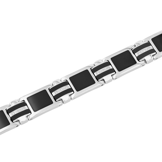 Stainless steel bracelet with black diamond accents.