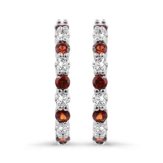 ReMARKable Designs Medium Hoop Color Gemstone Earrings in Sterling Silver White with 10 Round Garnets 1.70ctw
