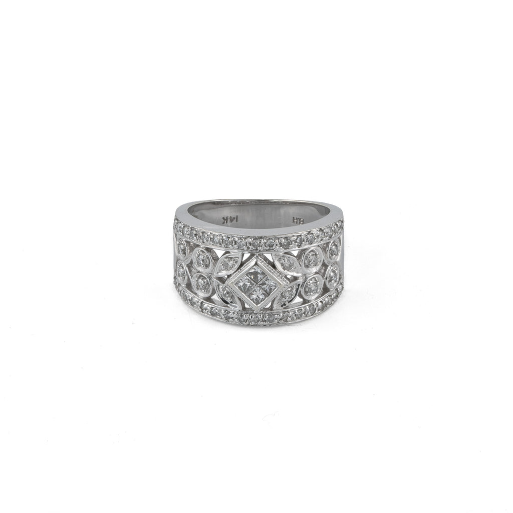 14K White Gold .74tcw Deco Inspired Wide Diamond Filigree Ring - Size 7