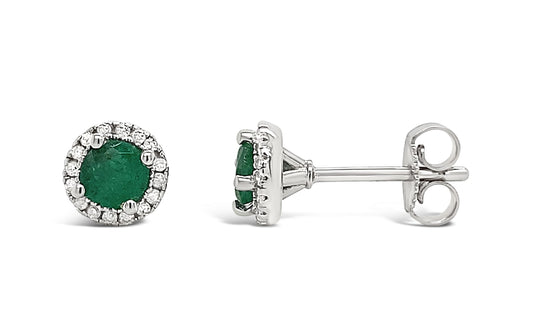 Semi-Precious Color Collection Stud Color Gemstone Earrings in Sterling Silver White with 2 Round Emeralds 4.2mm