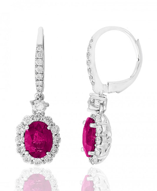 Drop Color Gemstone Earrings in 18 Karat White with 2 Oval Rubies 1.38ctw