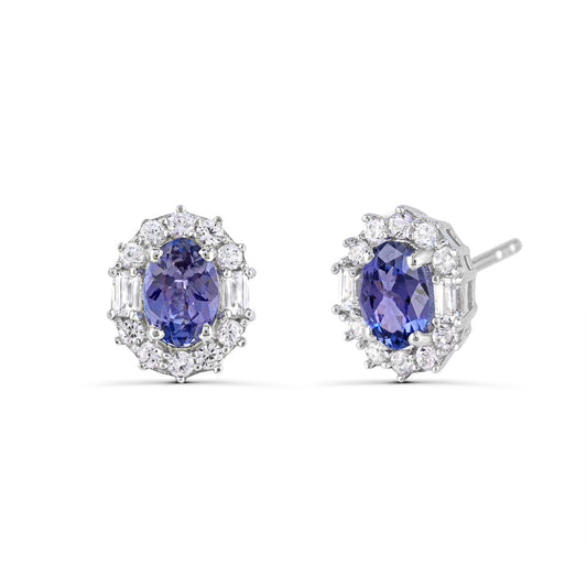 Oval Tanzanite earrings with white Zircon halo.