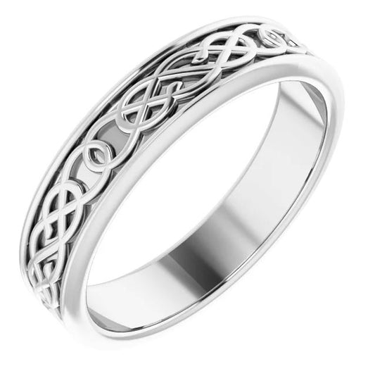 14K white gold band with intricate carvings.