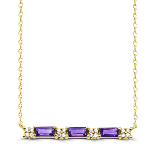 Baguette amethyst necklace with diamonds, yellow gold.