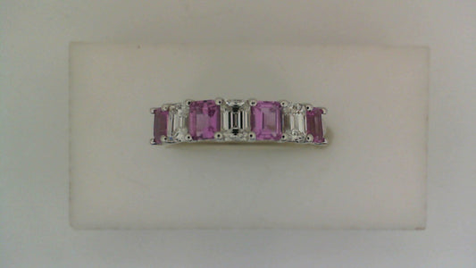Emerald-cut pink sapphires, white gold band.