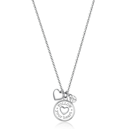 Stainless steel pendant necklace with heart charms.