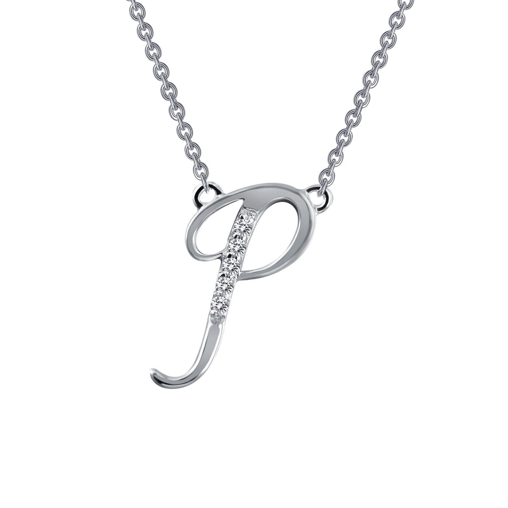 Simulated diamond initial necklace in silver.