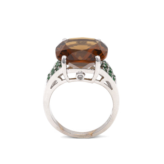 M Estate Collection Color Gemstone Ring in 14 Karat White - Black with 1 Cushion Smokey Quartz 9.77ctw 16.22mm-16.22mm