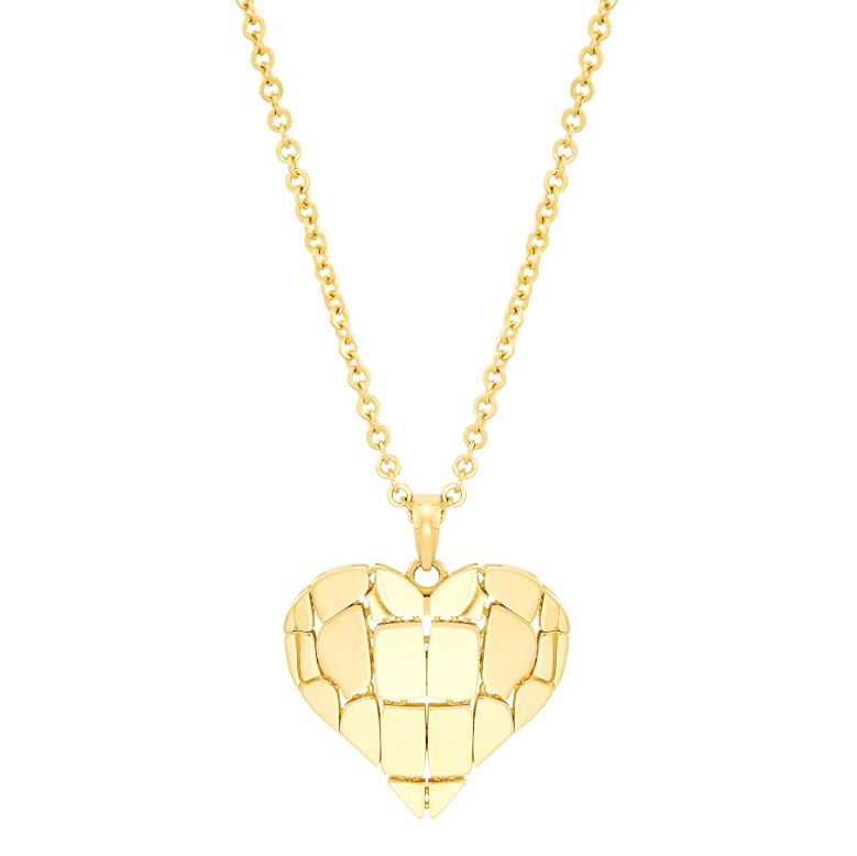 14K yellow gold heart necklace, intricate design.