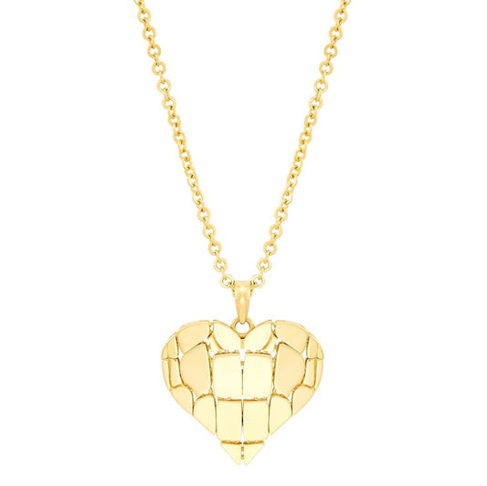 14K yellow gold heart necklace, intricate design.