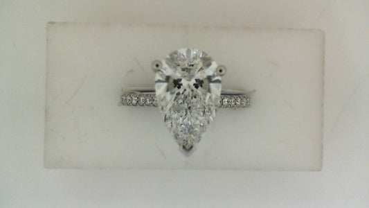 Hidden Accent Side Stone Lab-Grown Diamond Complete Engagement Ring in 14 Karat White with 1 Pear Lab Grown Diamond, Color: E, Clarity: VS2, totaling 2.59ctw