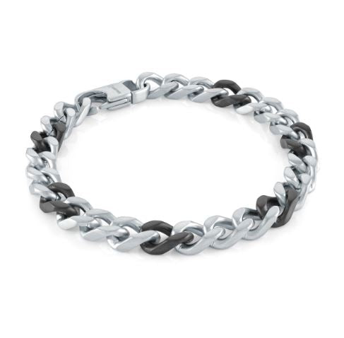 Stainless steel curb link bracelet, white-black design.