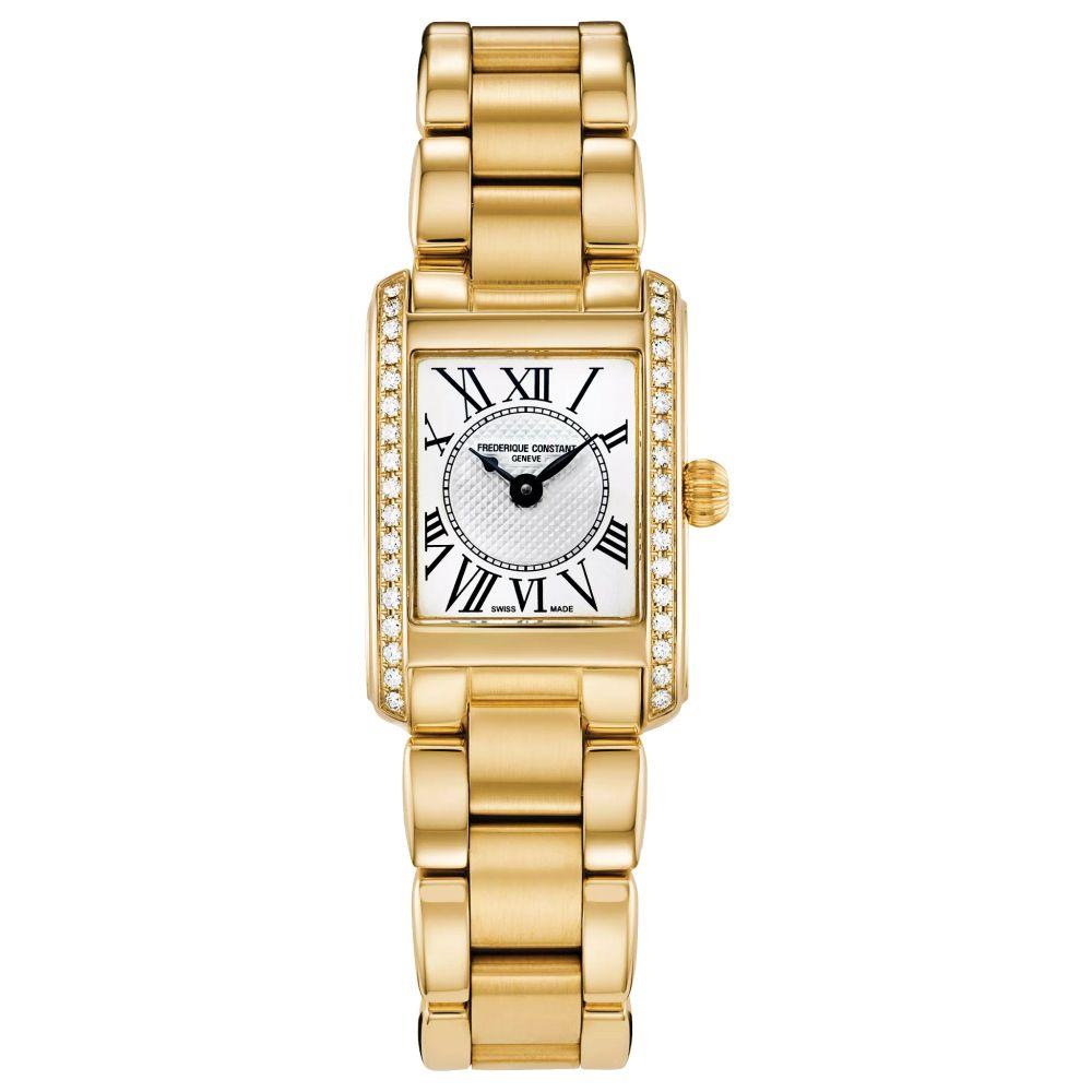 Gold watch with diamond accents.