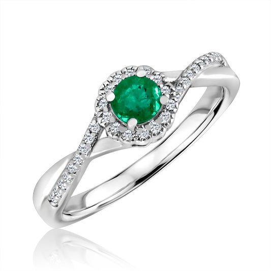Color Gemstone Ring in Sterling Silver White with 1 Round Emerald 0.60ctw