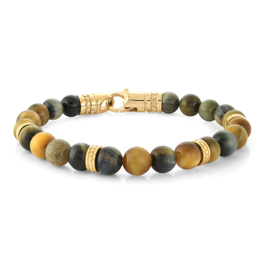 Yellow Tiger Eye gemstone bracelet with gold accents.