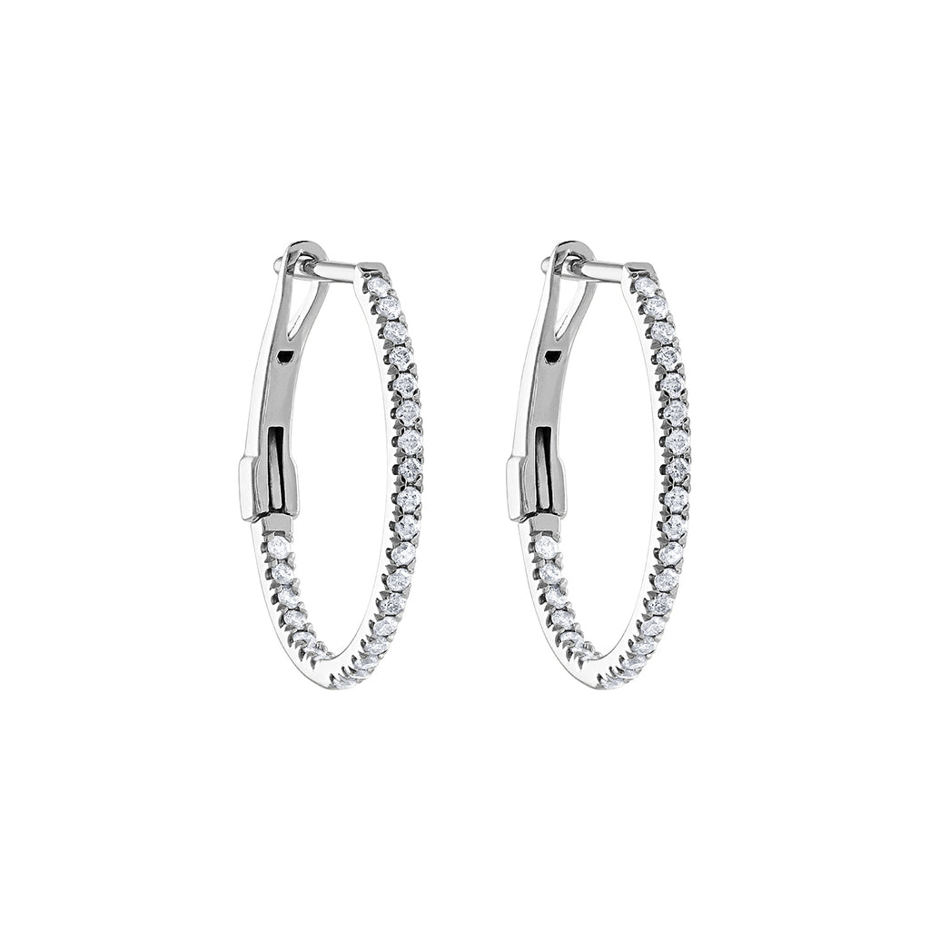 14K white gold diamond hoop earrings.