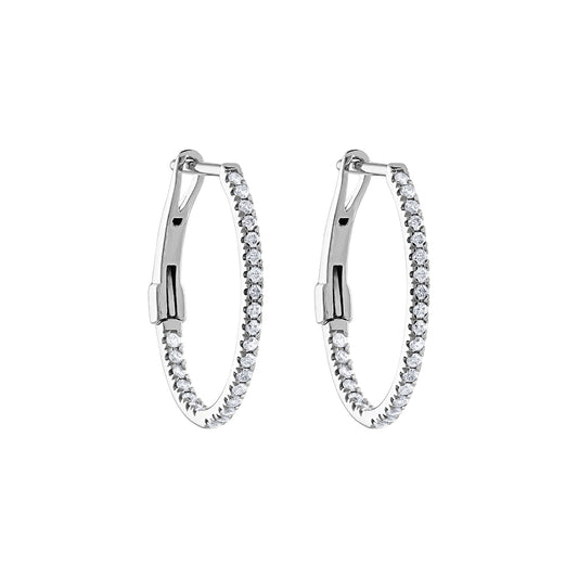 14K white gold diamond hoop earrings.