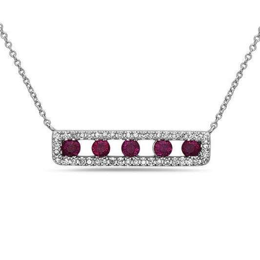 Bar Color Gemstone Necklace in 14 Karat White with 5 Round Rubies 0.39ctw