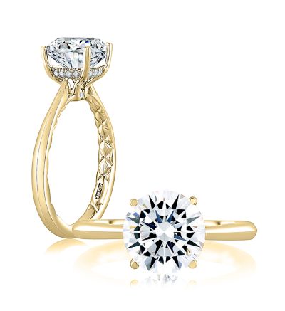 Solitaire Hidden Accent Natural Diamond Semi-Mount Engagement Ring in 14 Karat Yellow with 14 Round Diamonds, Color: G/H, Clarity: SI1-SI2, totaling 0.05ctw
