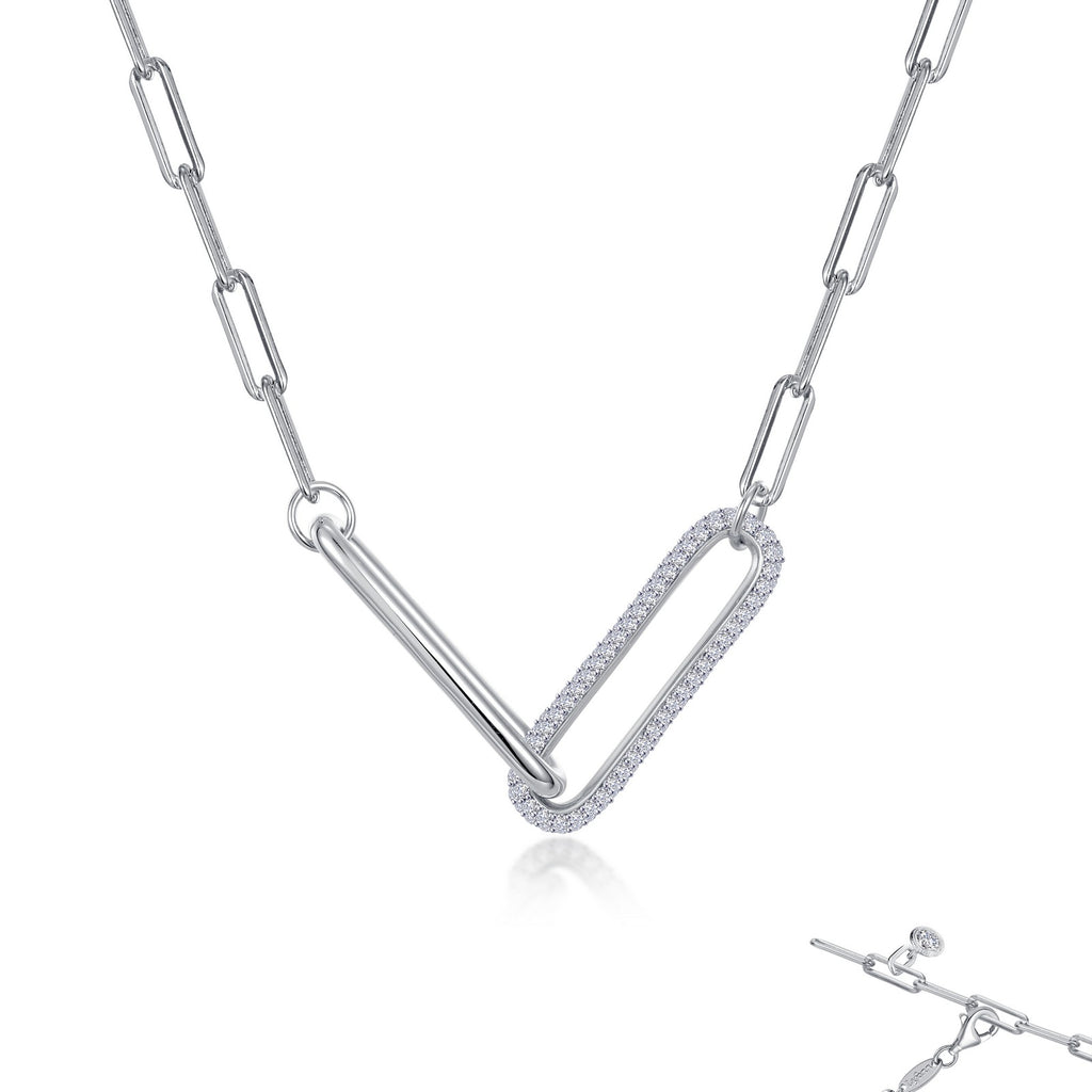 Simulated diamond paper clip necklace in silver.